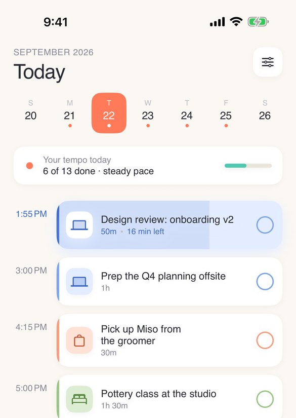 Tempa app home screen with today's color-coded schedule
